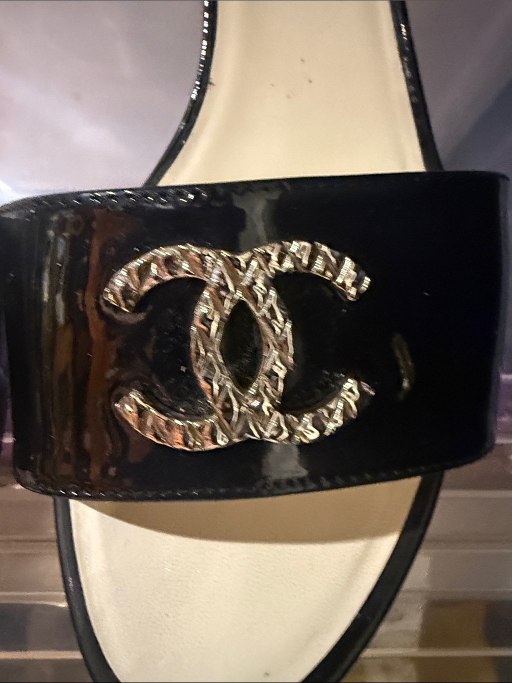 CHANEL Black Patent Leather Slide Mules with Silver CC Logo - Picture 2 of 11